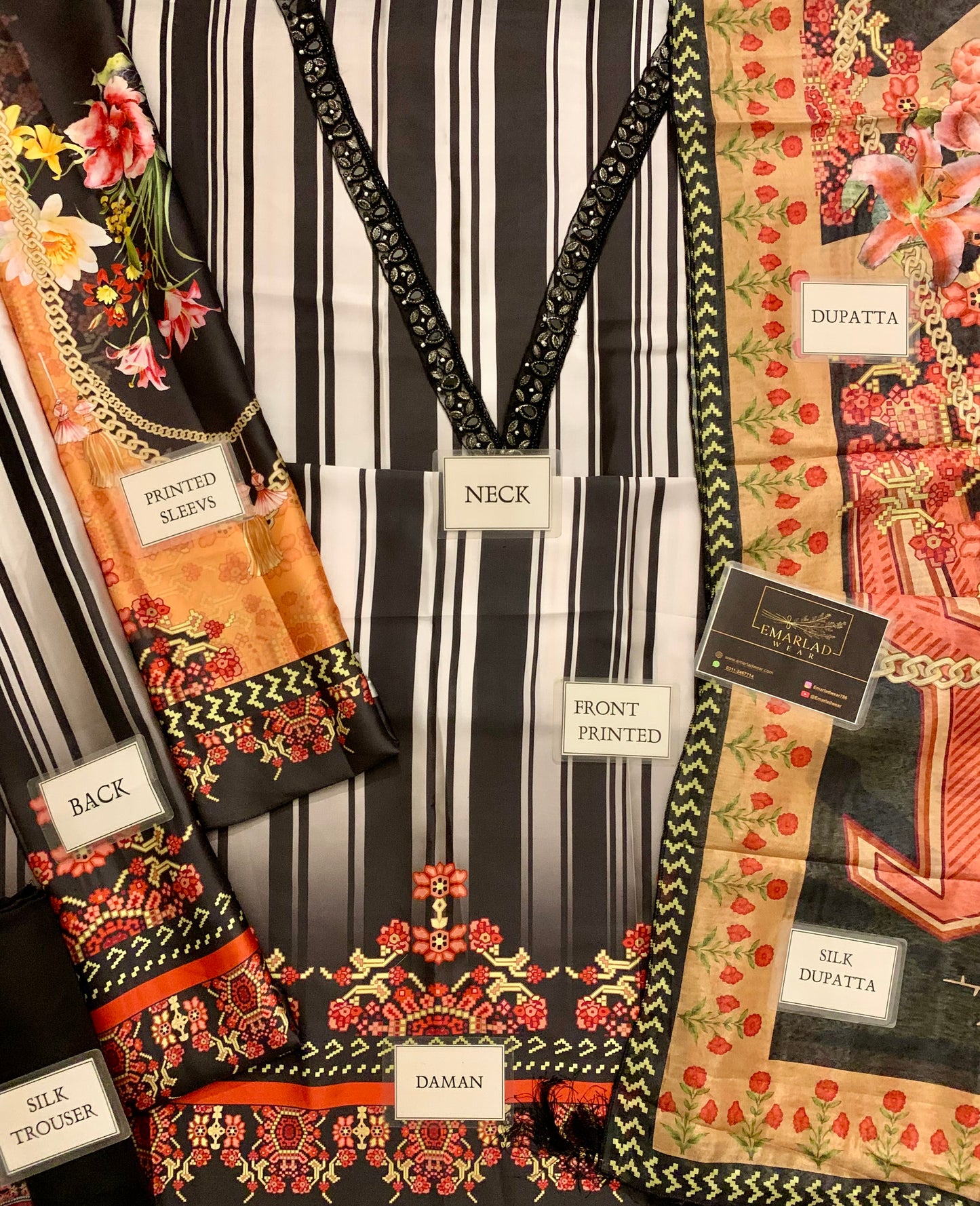 Maria b lining black white Printed Pure Charmeuse Silk Suit