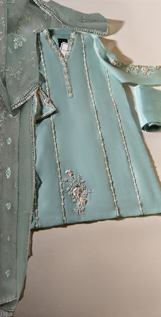 AGHA NOOR PARTY WEAR DRESS ORGANZA FABRIC HAND WORK