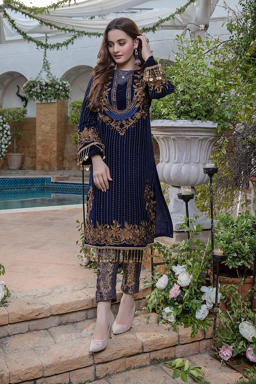 Azure Navy blue Velvet Embroidery Dress 3pc