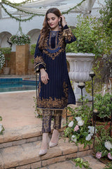 Azure Navy blue Velvet Embroidery Dress 3pc