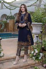 Azure Navy blue Velvet Embroidery Dress 3pc