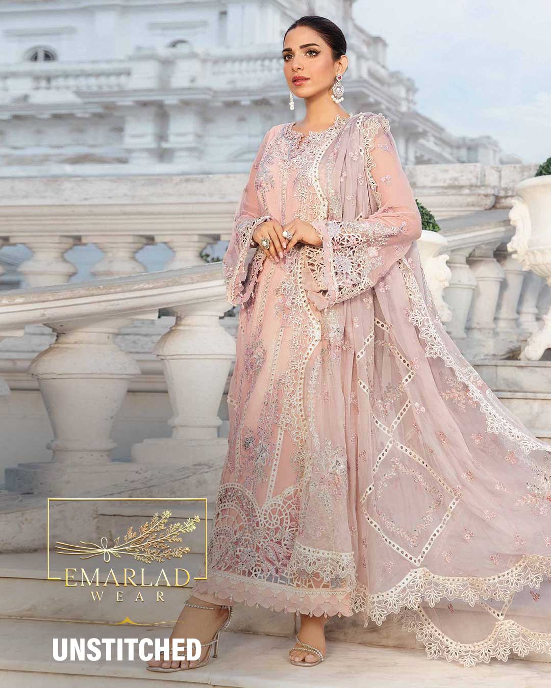 Maria B Unstitched Embroidered Semi Pure Chiffon Suit | MPC-24-106 - Baby Pink
