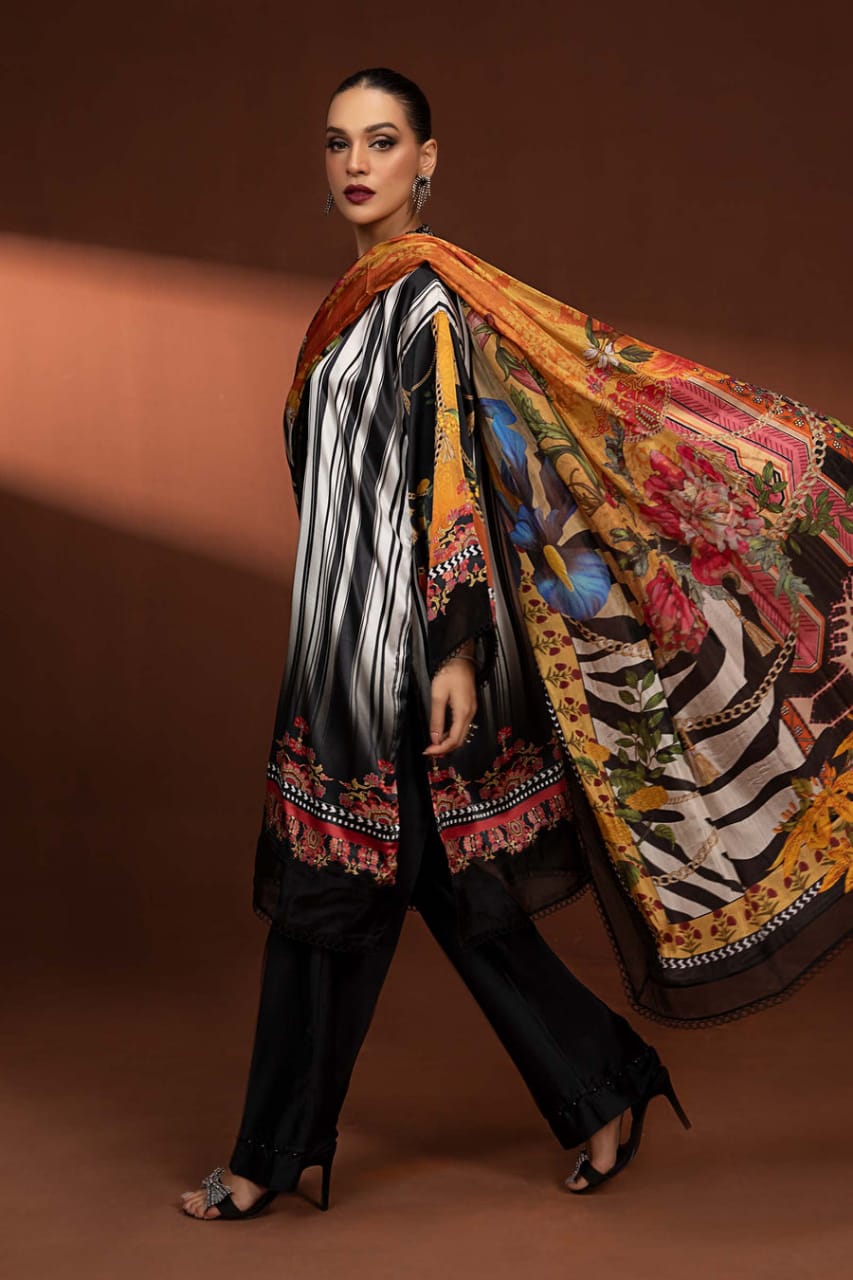 Maria b lining black white Printed Pure Charmeuse Silk Suit