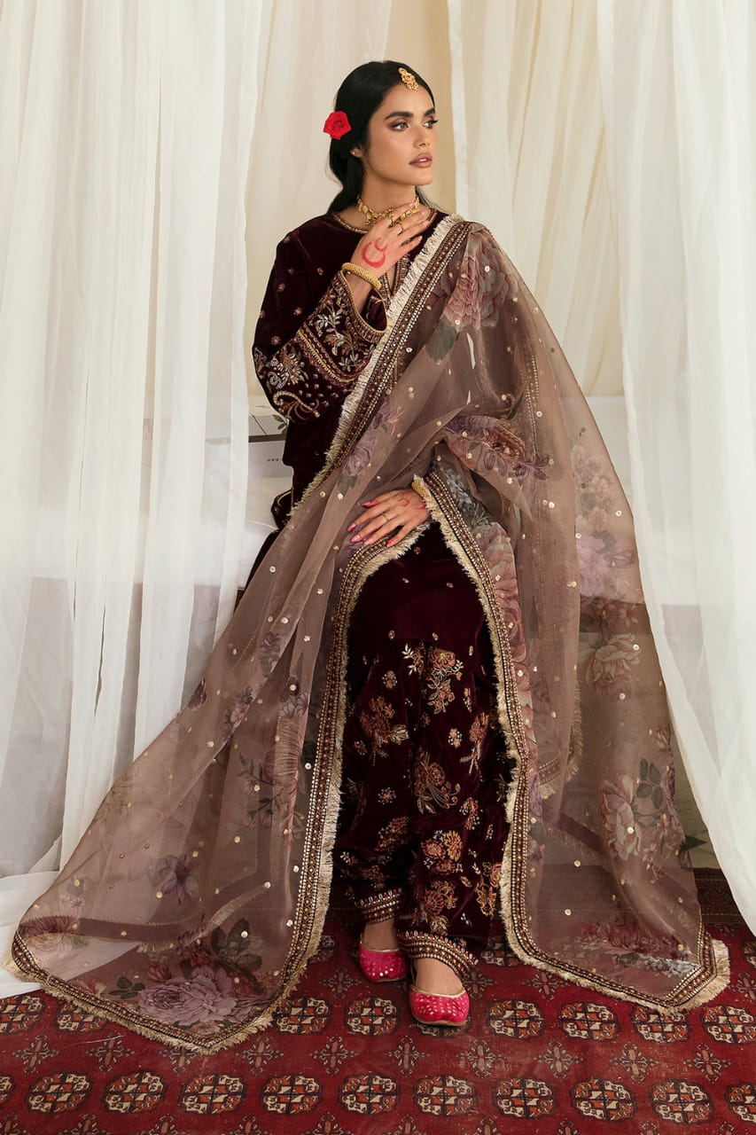 Baroque Embroidered Velvet  UF-250 Mehroon