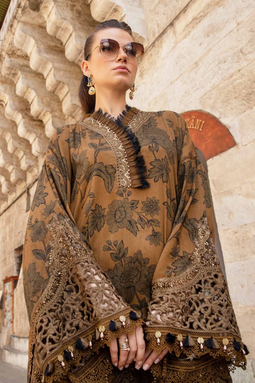 Maria B pure lawn with chiffon dupatta golden