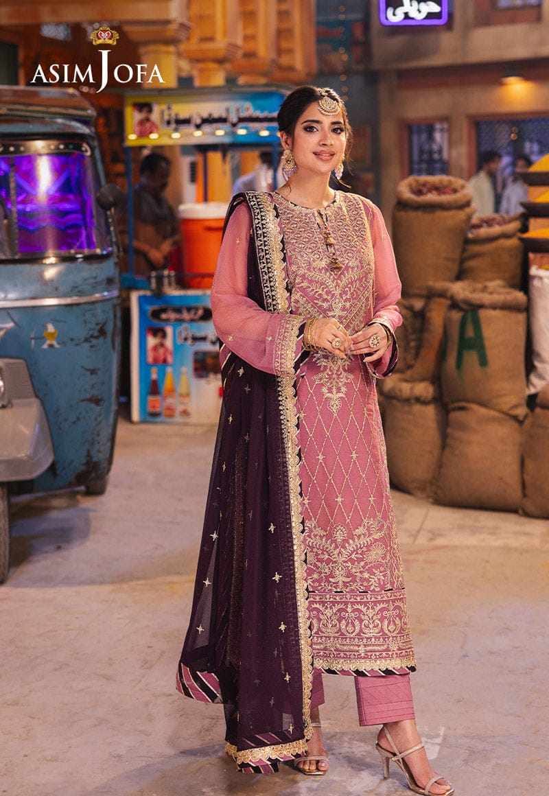 Asim jofa Embroidered Chiffon  T-Pink