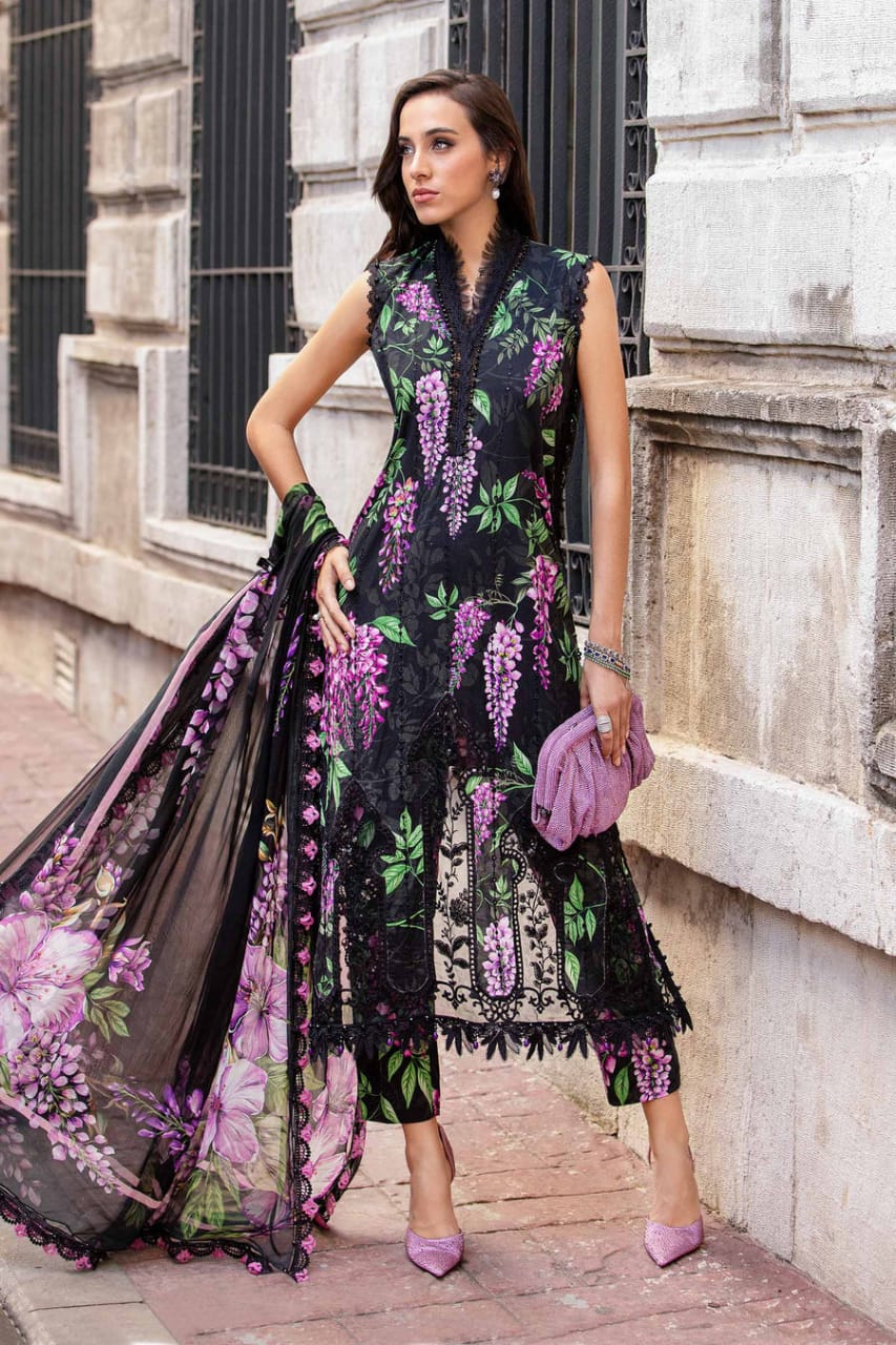 Maria B Lawn Black grapes Chickenkari Front Chiffon Dupatta  Emarlad Wear