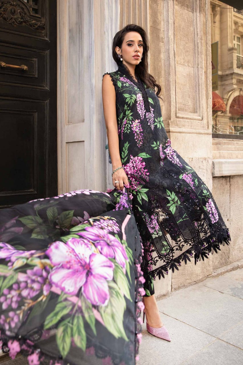 Maria B Lawn Black grapes Chickenkari Front Chiffon Dupatta