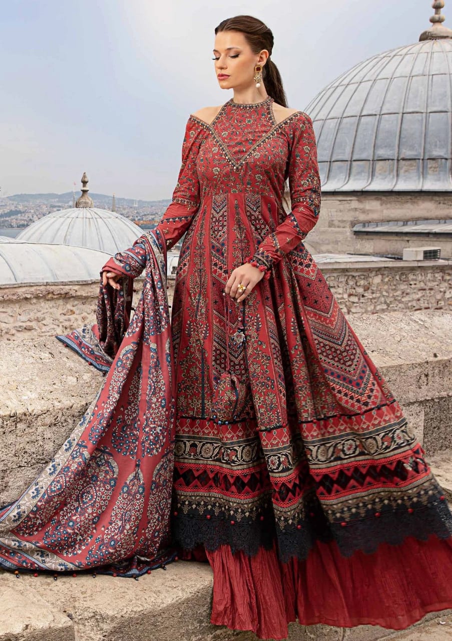 Maria B Cambric Cotton Red Chiffon Dupatta