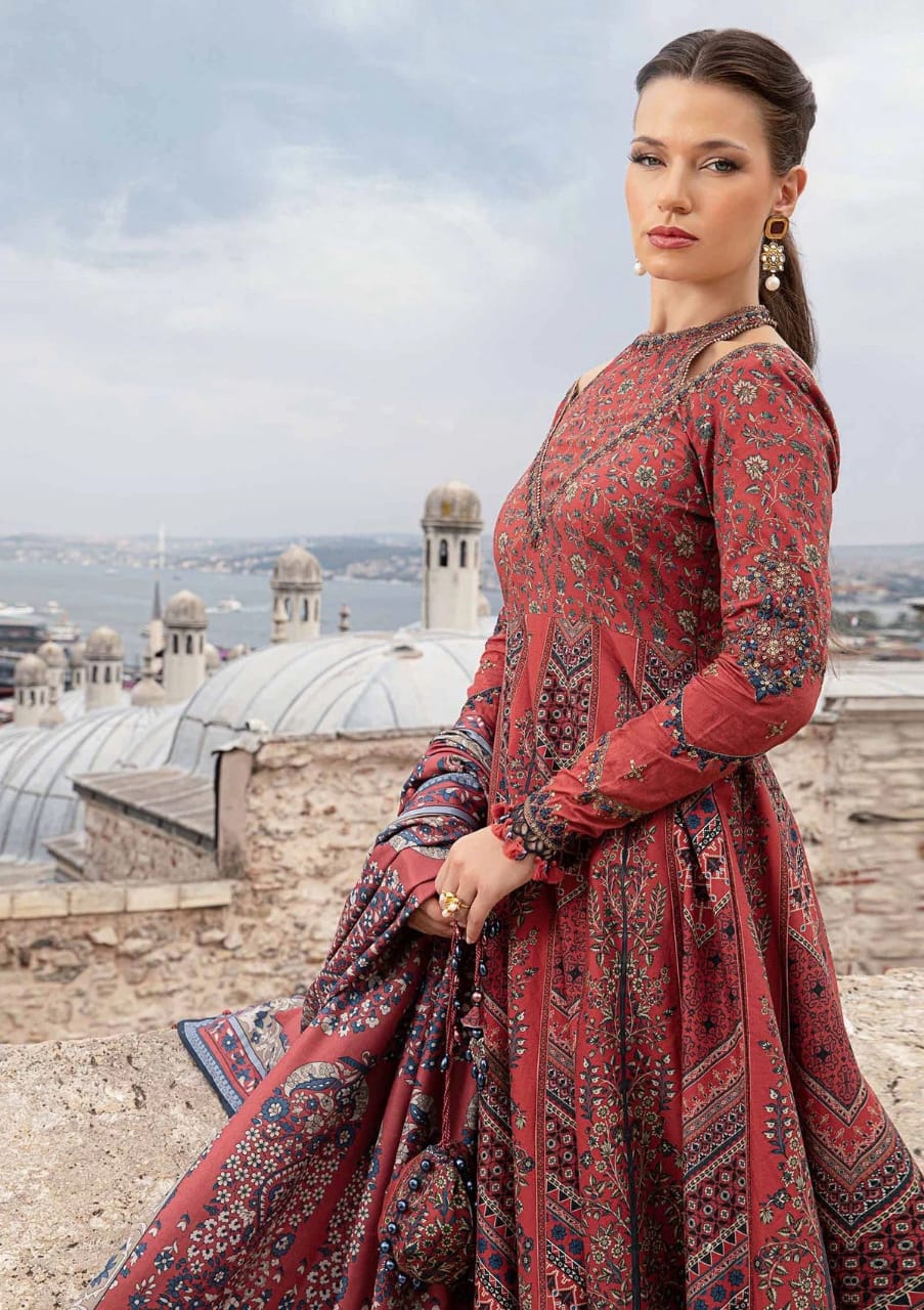 Maria B Cambric Cotton Red Chiffon Dupatta