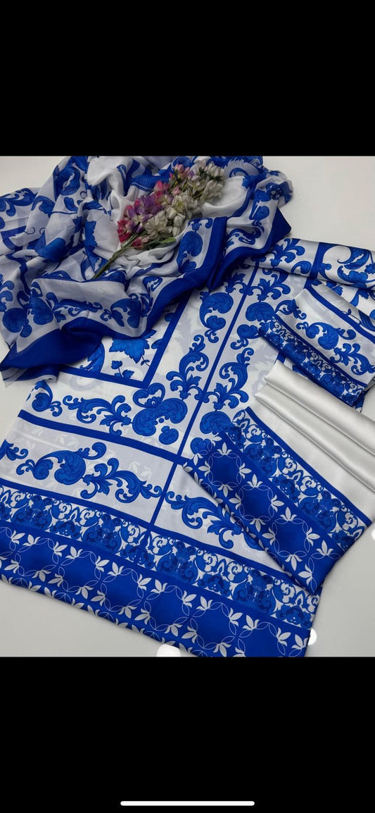 Shamoze Silk - 3 Piece - Digital Print - Blue & White Floral
