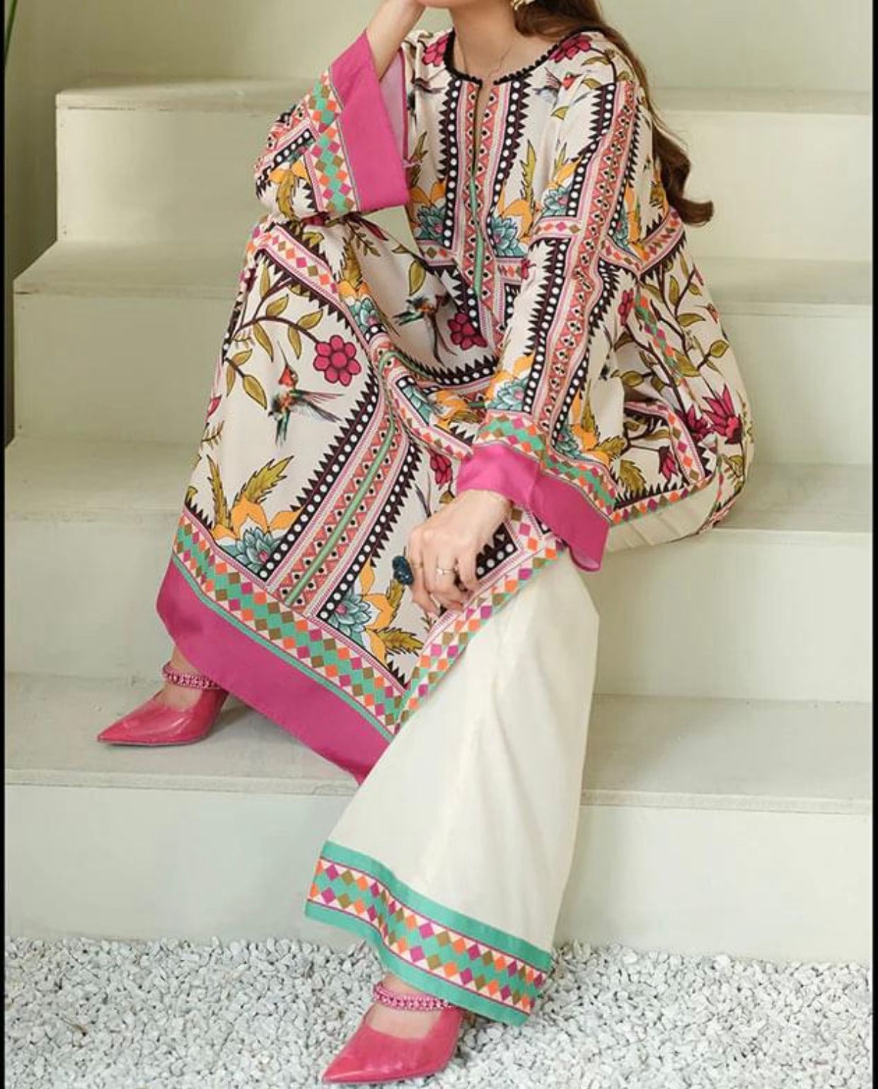 Shamoze Silk - 3 Piece - Digital Print  - Pale Pink & Ivory Cream Base