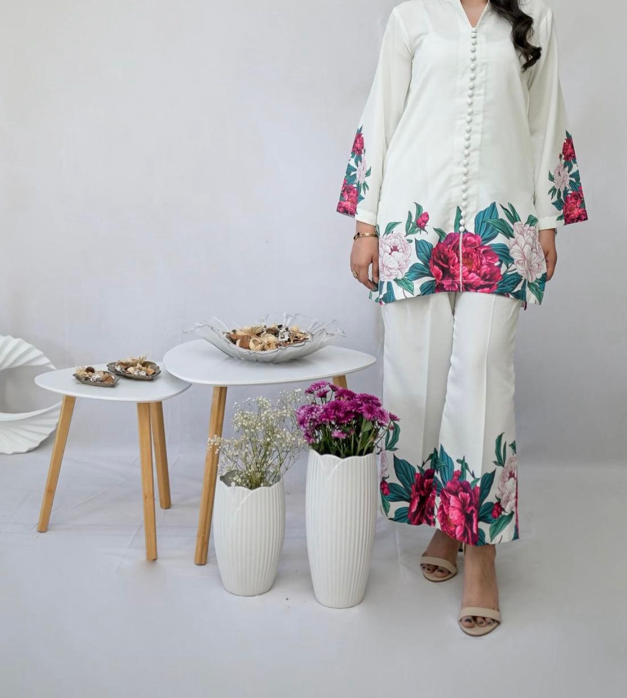 Shamoze Silk - 3 Piece - Digital Print - Pearl White
