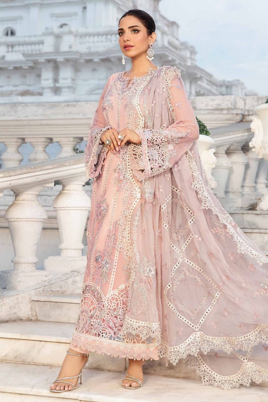 Maria B Unstitched Embroidered Semi Pure Chiffon Suit | MPC-24-106 - Baby Pink