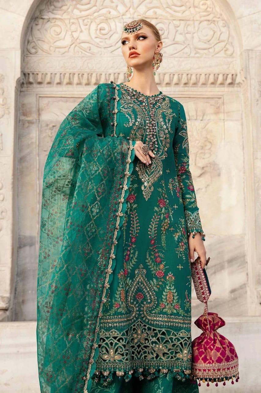 Maria B | Unstitched Embroidered Organza Suit-Deep Ferozi