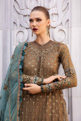 Maria B Unstitched Embroidered Chiffon - Burnt Gold and Teal