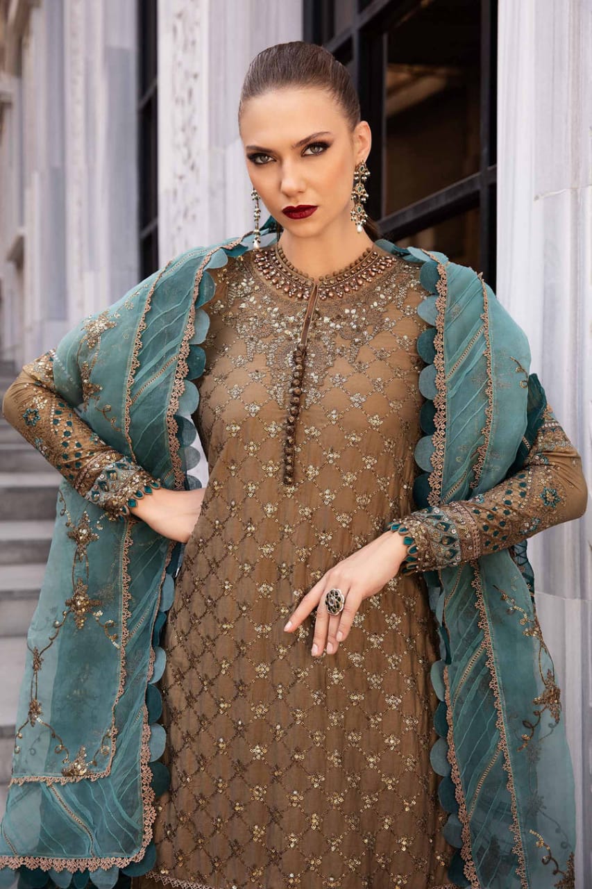 Maria B Unstitched Embroidered Chiffon - Burnt Gold and Teal
