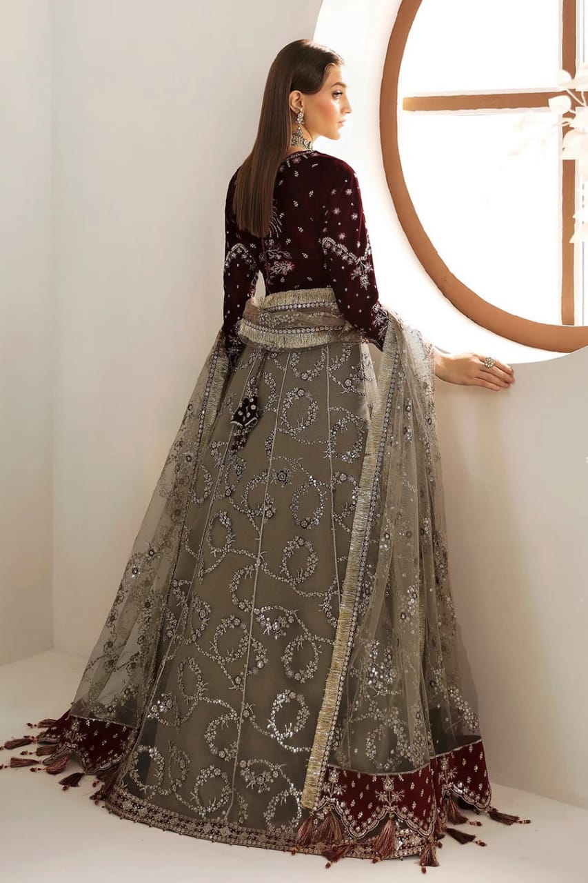 Alizey | Skin Mehroon Maxi BH - Velvet Body with Net