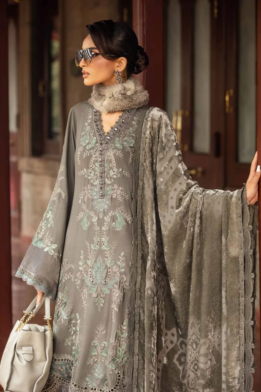Maria B | 3 Piece Unstitched Embroidered Lawn Suit - Grey D9