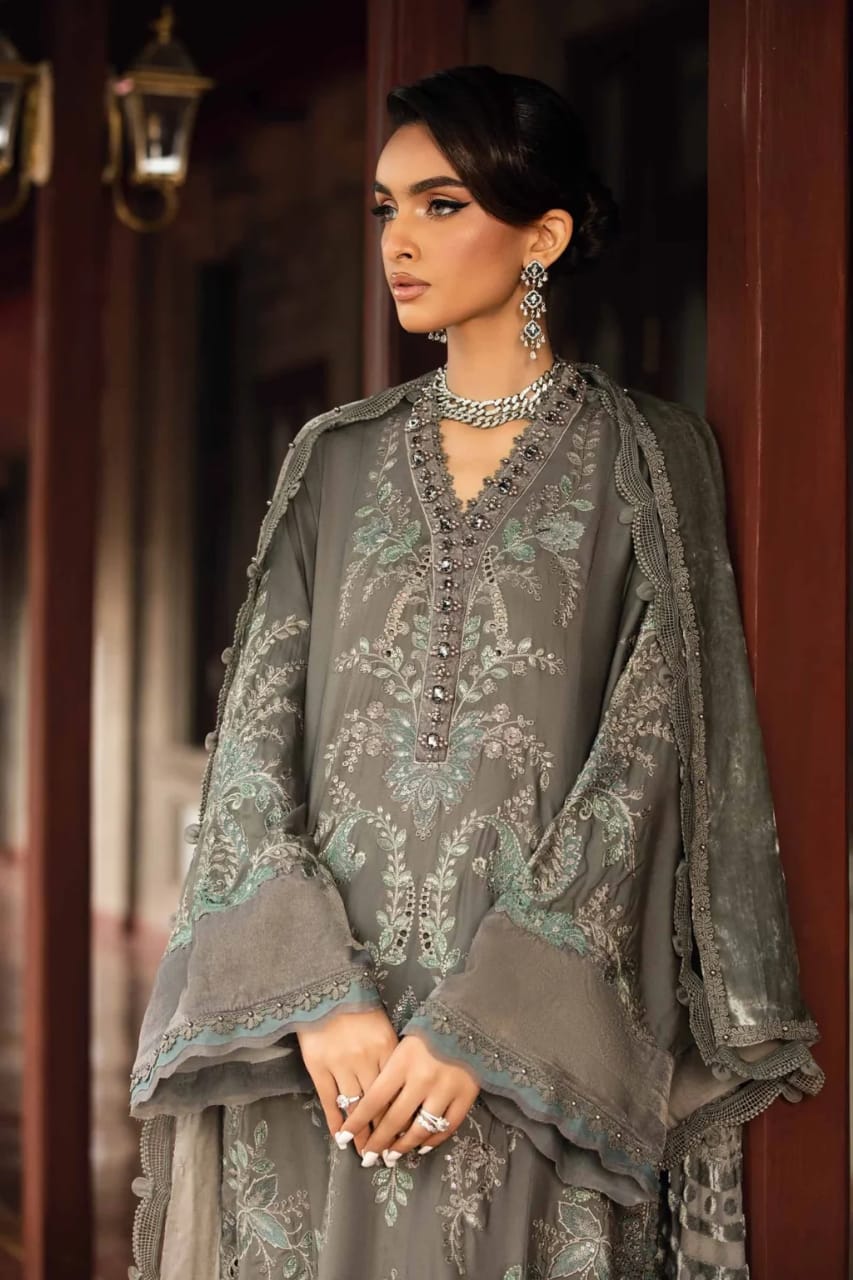 Maria B | 3 Piece Unstitched Embroidered Lawn Suit - Grey D9