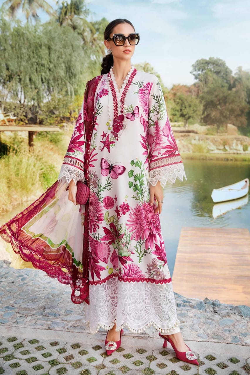 Maria B MPT-2510-A | White & Pink Butterfly - Lawn Eid Collection