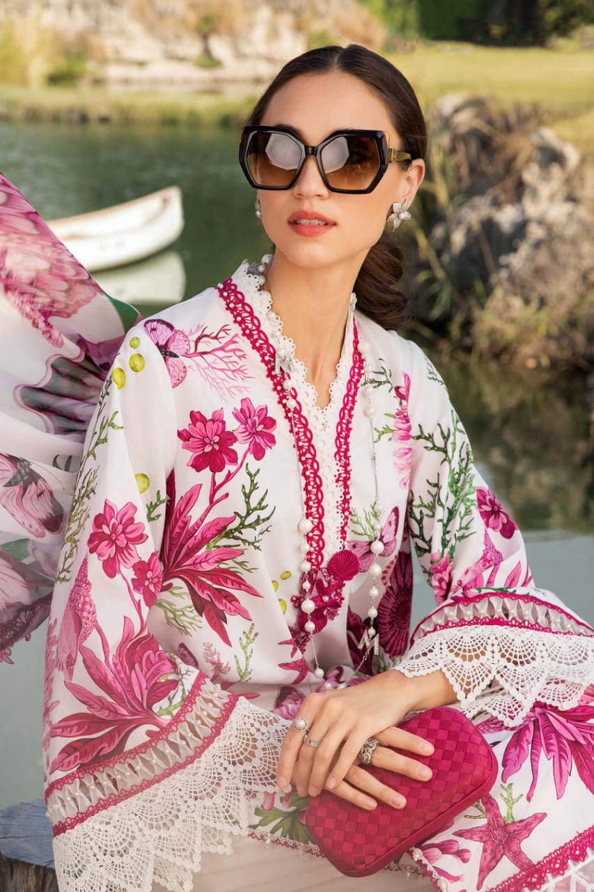 Maria B MPT-2510-A | White & Pink Butterfly - Lawn Eid Collection