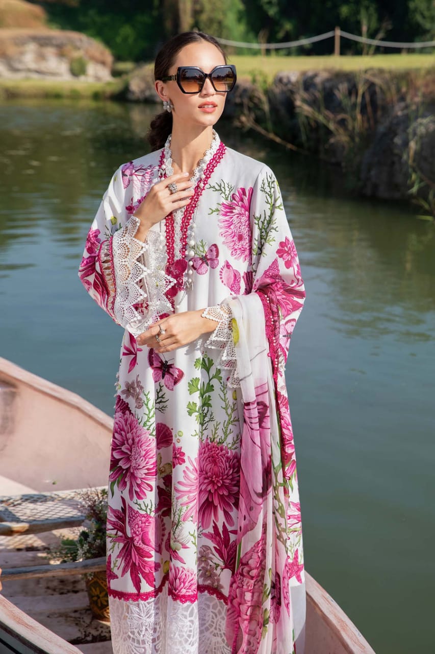 Maria B MPT-2510-A | White & Pink Butterfly - Lawn Eid Collection