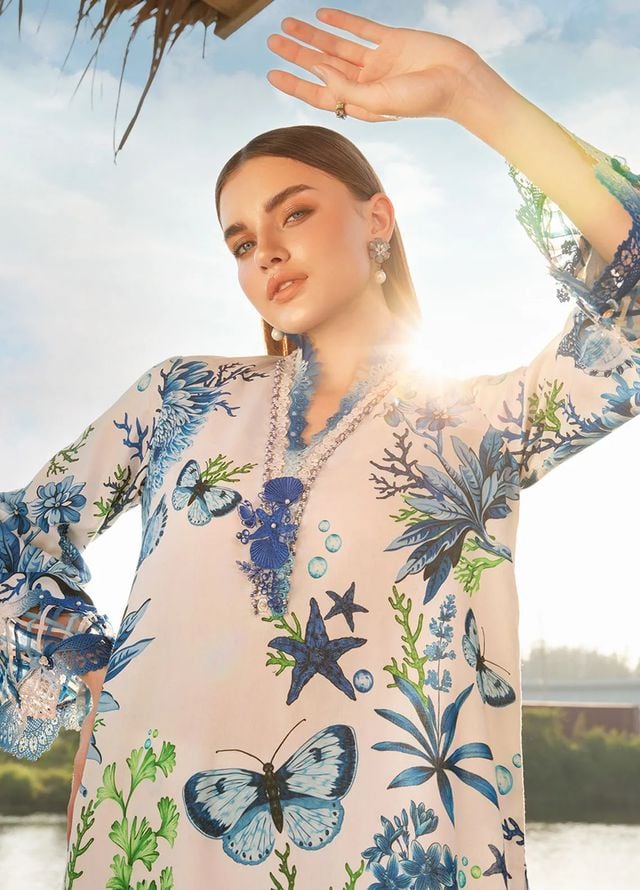 Maria B MPT-2510-B | White & Blue Butterfly - Lawn Eid Collection