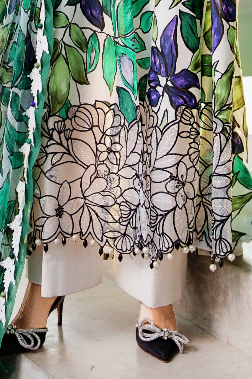 Maria B MPT-2505-A | White Base With Leave Print - Lawn Collection