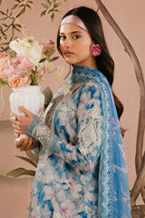 Afrozeh | Light Sky Blue Skin Flower - Lawn Printed With Chikankari