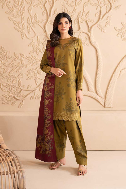 Iznik | Mehndi Mehroon dupatta - Lawn With Chiffon Dupatta