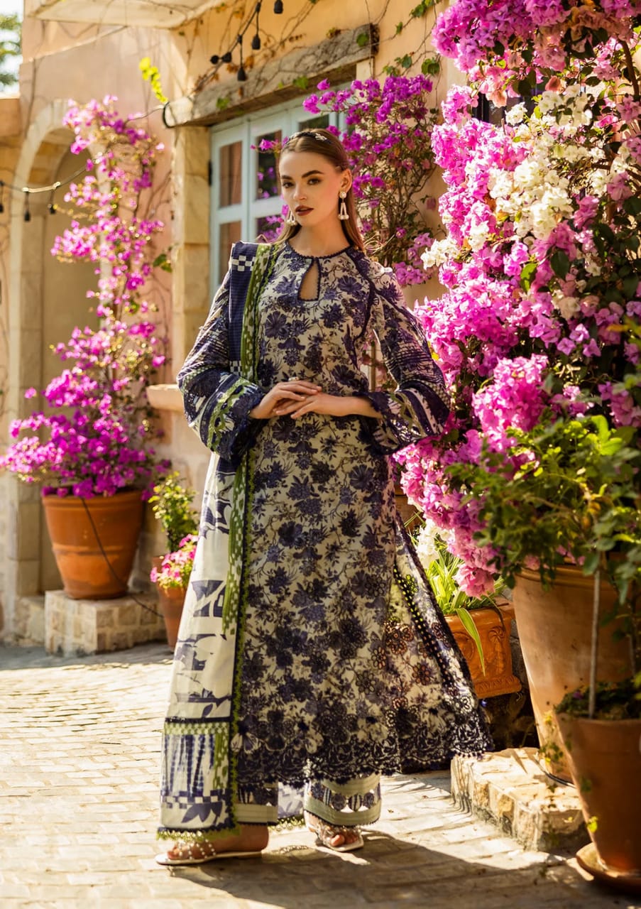 Elaf | Grey Blue - Printed Lawn With Chikankari Collection