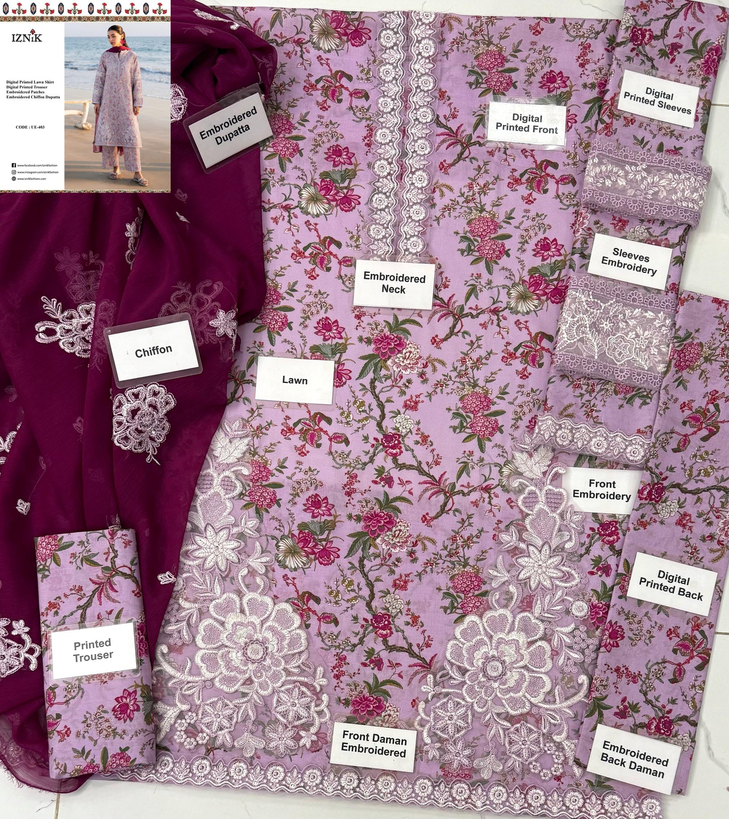 Iznik UE-403 | Light Purple - Printed Lawn Collection