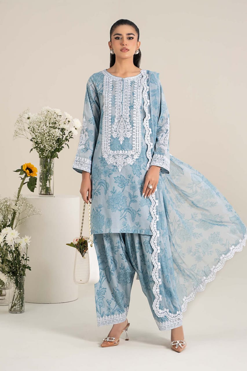 Maria B | Sky Blue - Printed  Lawn With Chiffon Embroidered Dupatta