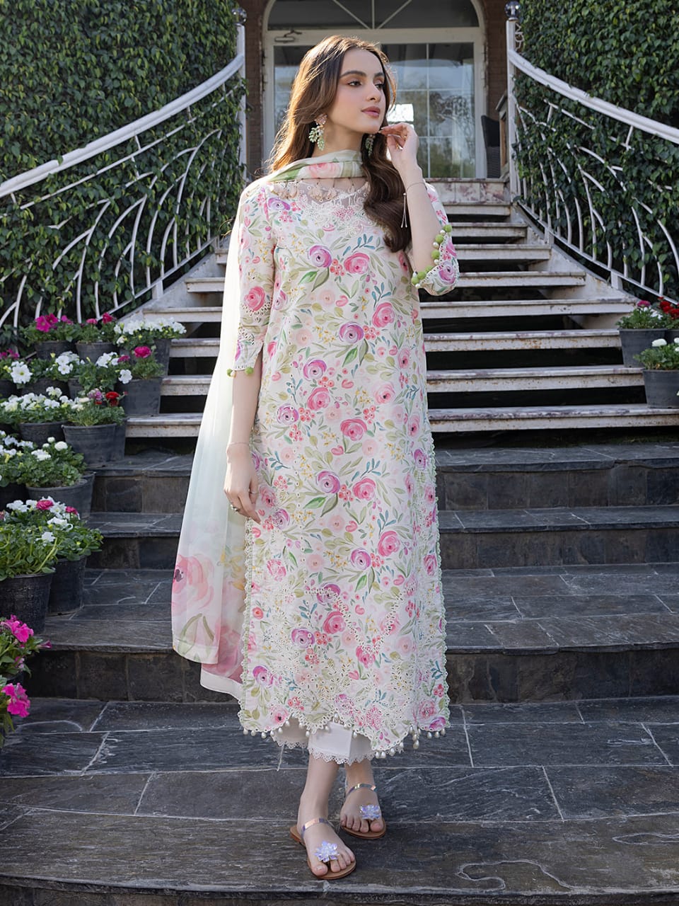 Crimson  | Off White Cream Multi  - Printed Lawn Chikankari Collection