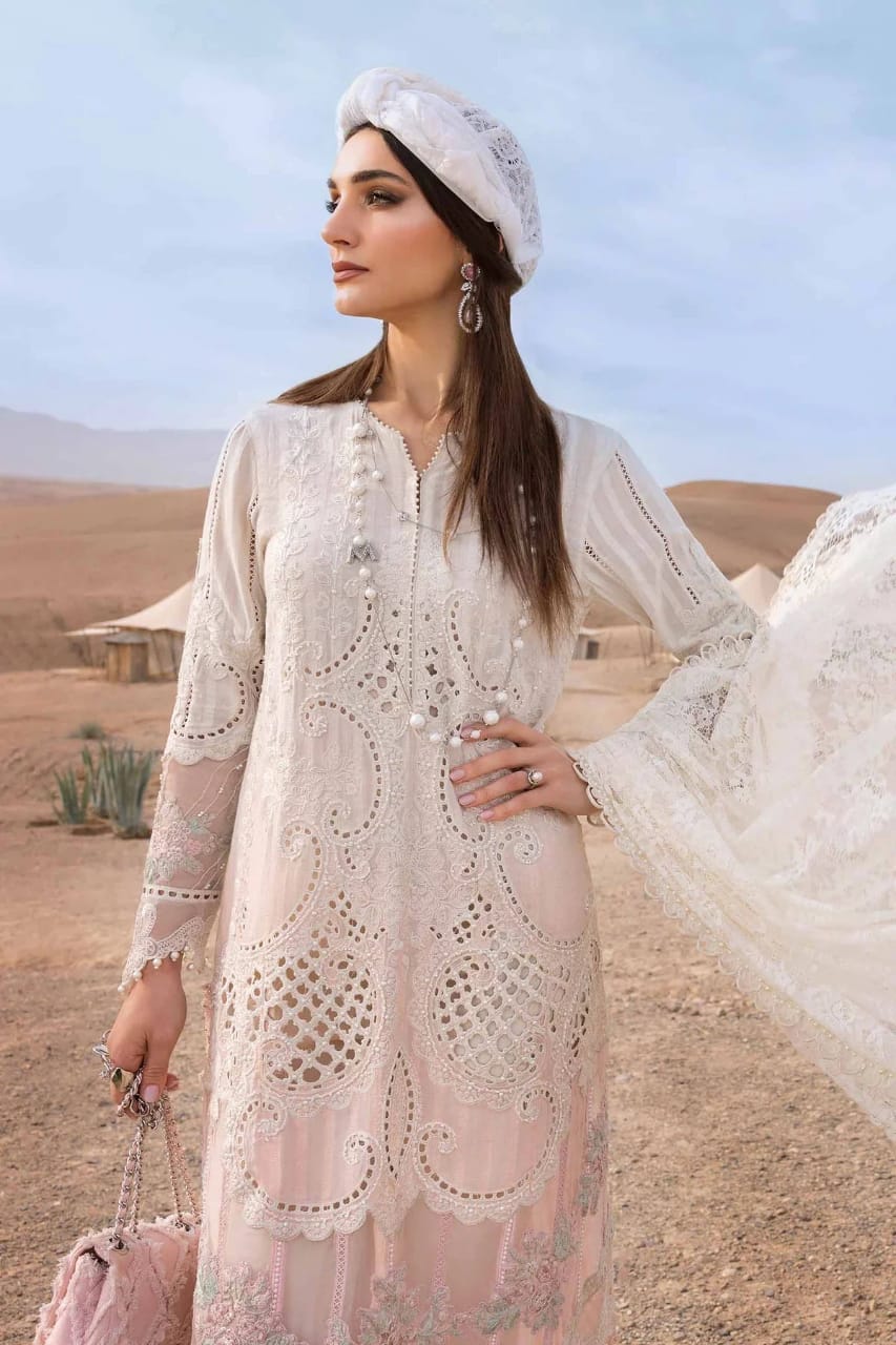 Maria B D-2515-A | White & Pink - Luxury  Chikankari Collection
