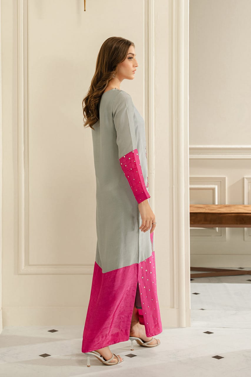 Lulusar | Grey Pink - Shamoz Silk Digital Printed With Adda Handwork