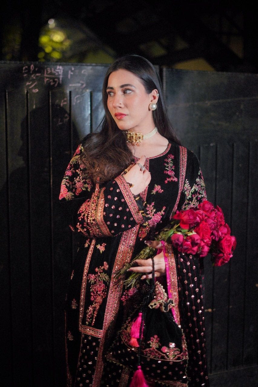 Aneela's Collection | Black - red Embroidered Velvet Collection