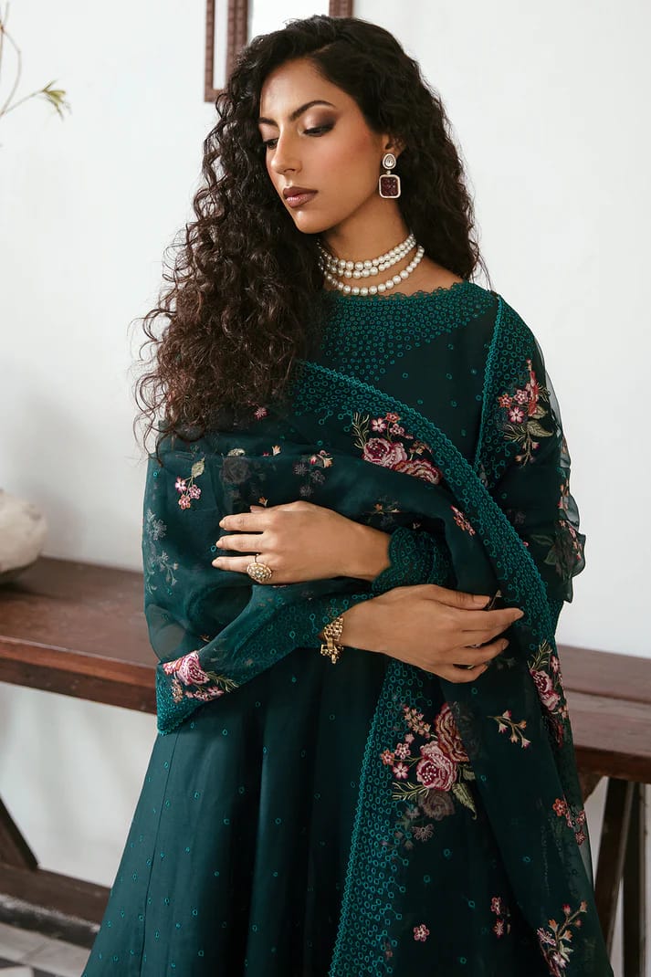 Jazmin Dark Green Shiffle Chikankari Dress 3pc