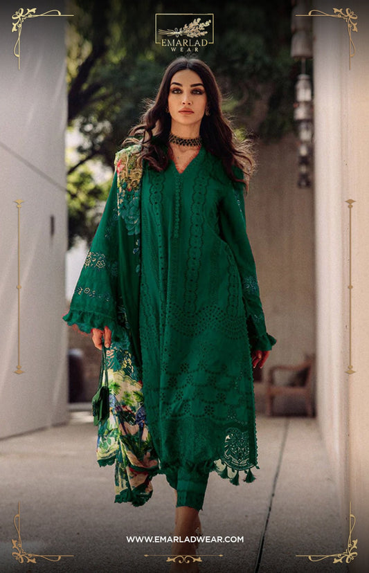Saira Rizwan Bottle Green Shifle Chikankari Embroidery 3pc