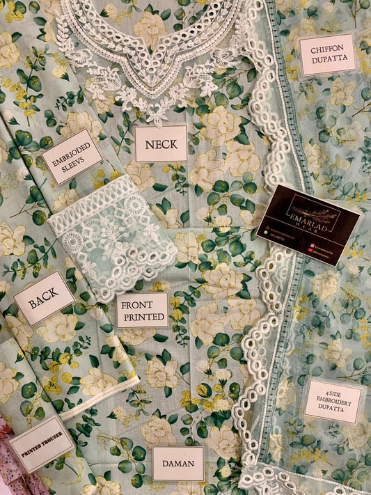 MOHAGNI GREEN PURE LAWN DIGITAL EMBROIDERY DRESS