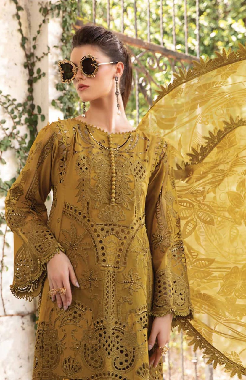 Maria B Mustard Pure Lawn Chikankari Embroidery Dress – Emarlad Wear