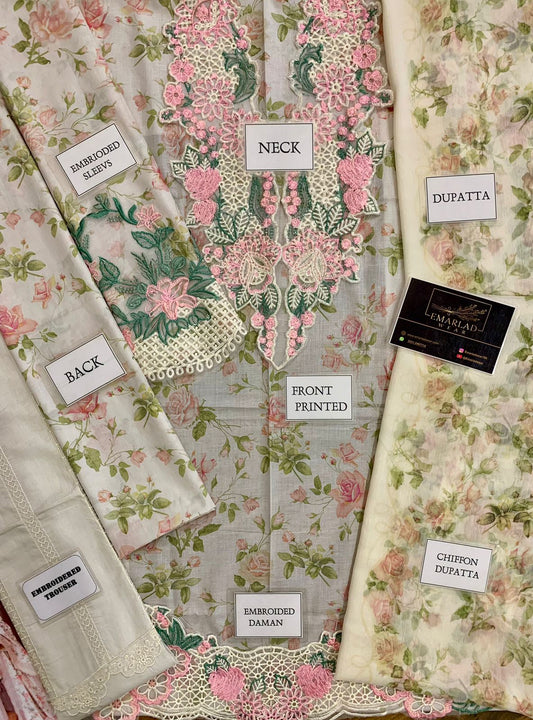 CRIMSON FLOWER PRINT EMBROIDERY DRESS 3PC