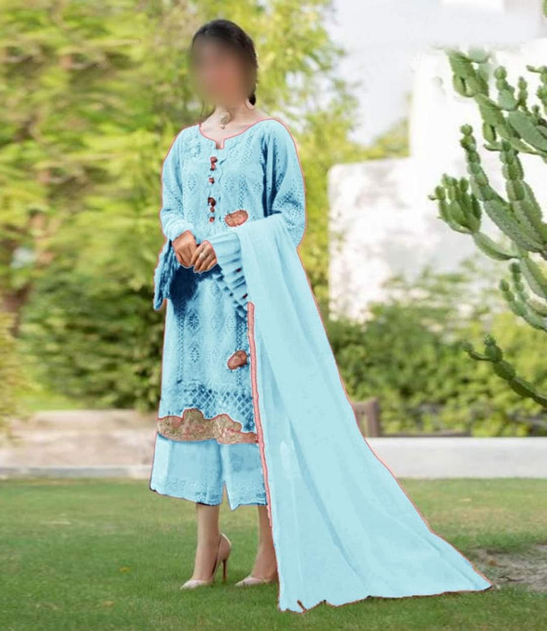 Zarqash Sky Blue Chikankari Embroidery Dress