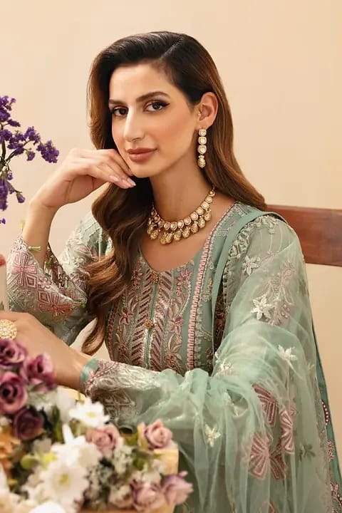Ramsha Light Green Embroidery Formal Collection Chiffon Dress 3pc