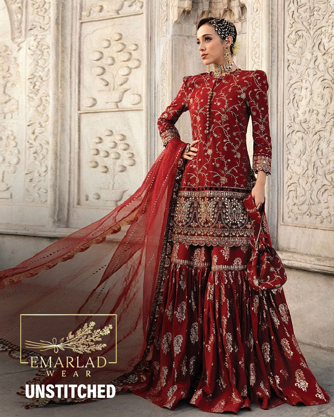 Maria B Unstitched Embroidered Organza Suit - Maroon